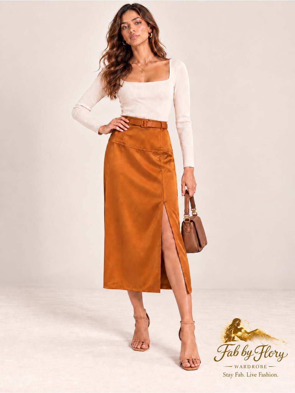 Hilary MacMillan Cognac Belted Satin Midi Skirt with Front Slit – NWT – Size 14